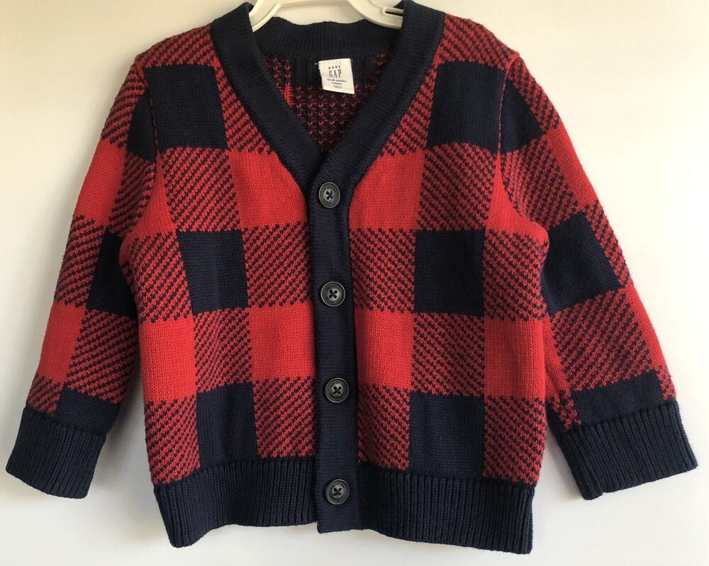 GAP KIDS Red Blue Plaid CARDIGAN Knit SWEATER Top Baby Sz 12-18 months Toddler